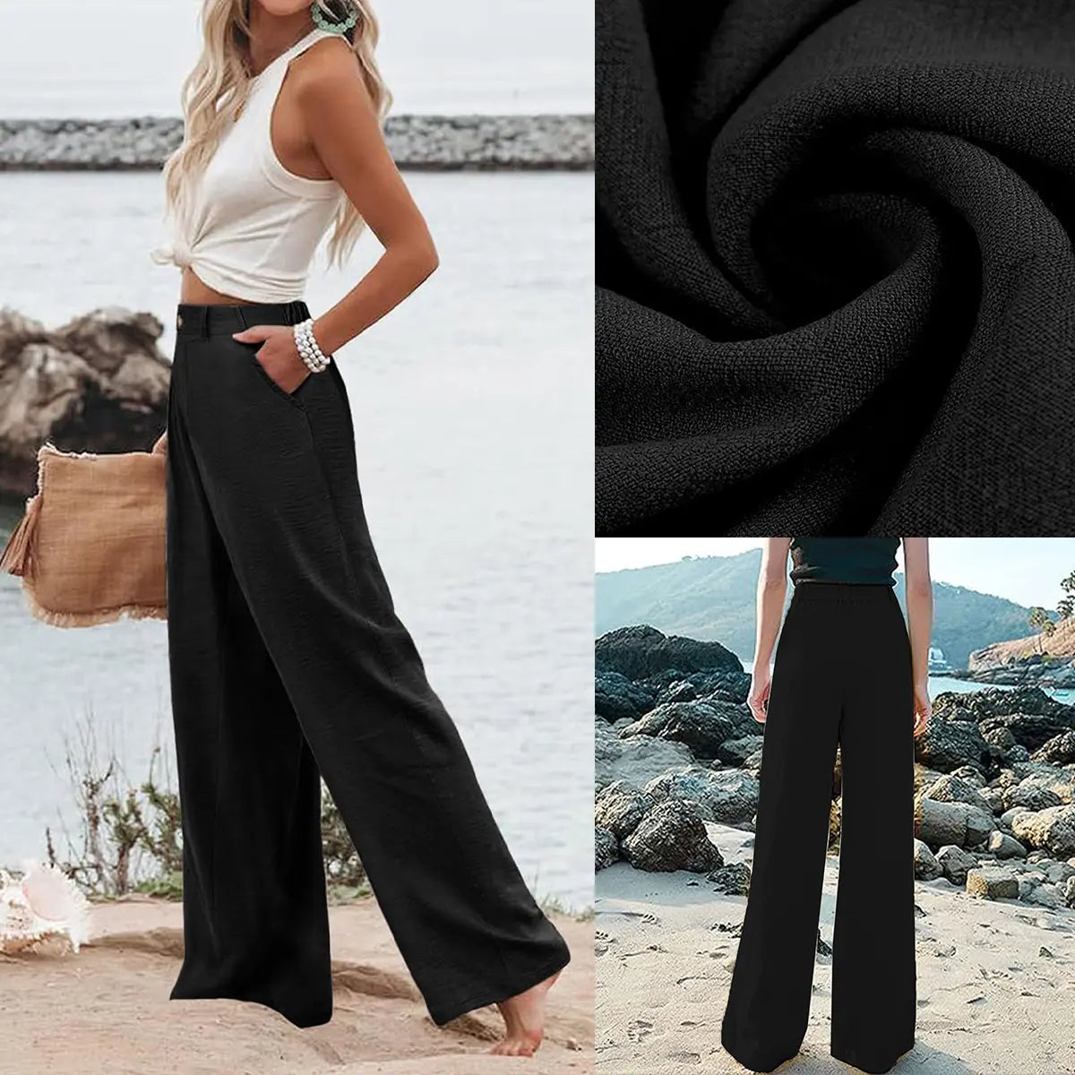 UANEO Women's High-Waisted Cotton Linen Wide Leg Trousers - Casual Button-Up Design for Spring and Summer Wear