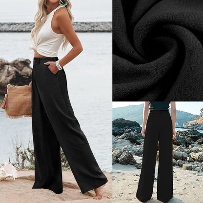UANEO Women's High-Waisted Cotton Linen Wide Leg Trousers - Casual Button-Up Design for Spring and Summer Wear