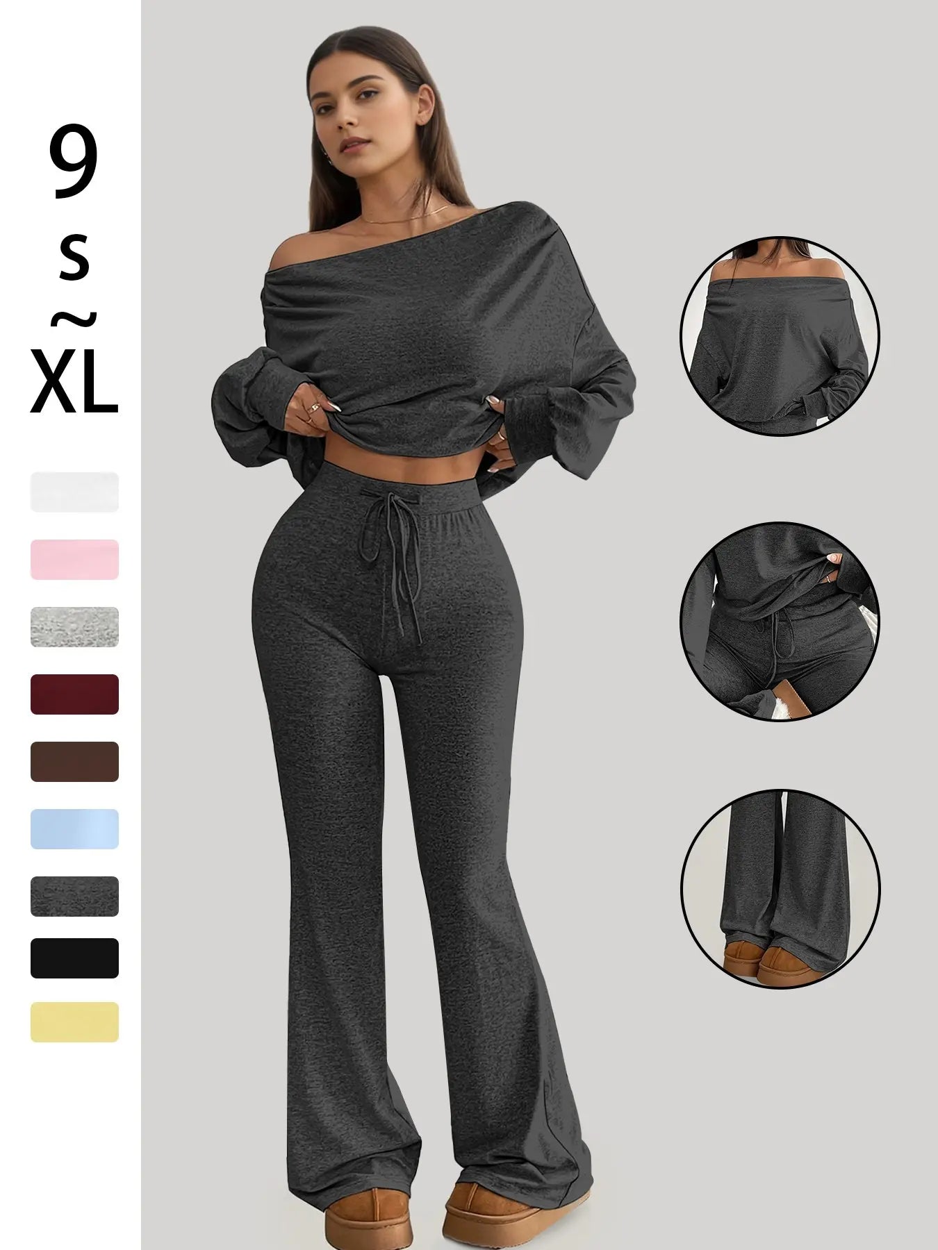 Women's One-Shoulder Long Sleeve Crop Top with High-Waist Drawstring Bell Pants Set – Versatile Stretch Workout and Lounge Ensemble for Spring and Fall