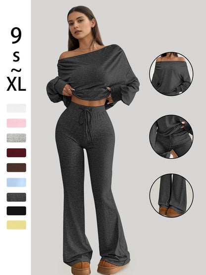 Women's One-Shoulder Long Sleeve Crop Top with High-Waist Drawstring Bell Pants Set – Versatile Stretch Workout and Lounge Ensemble for Spring and Fall