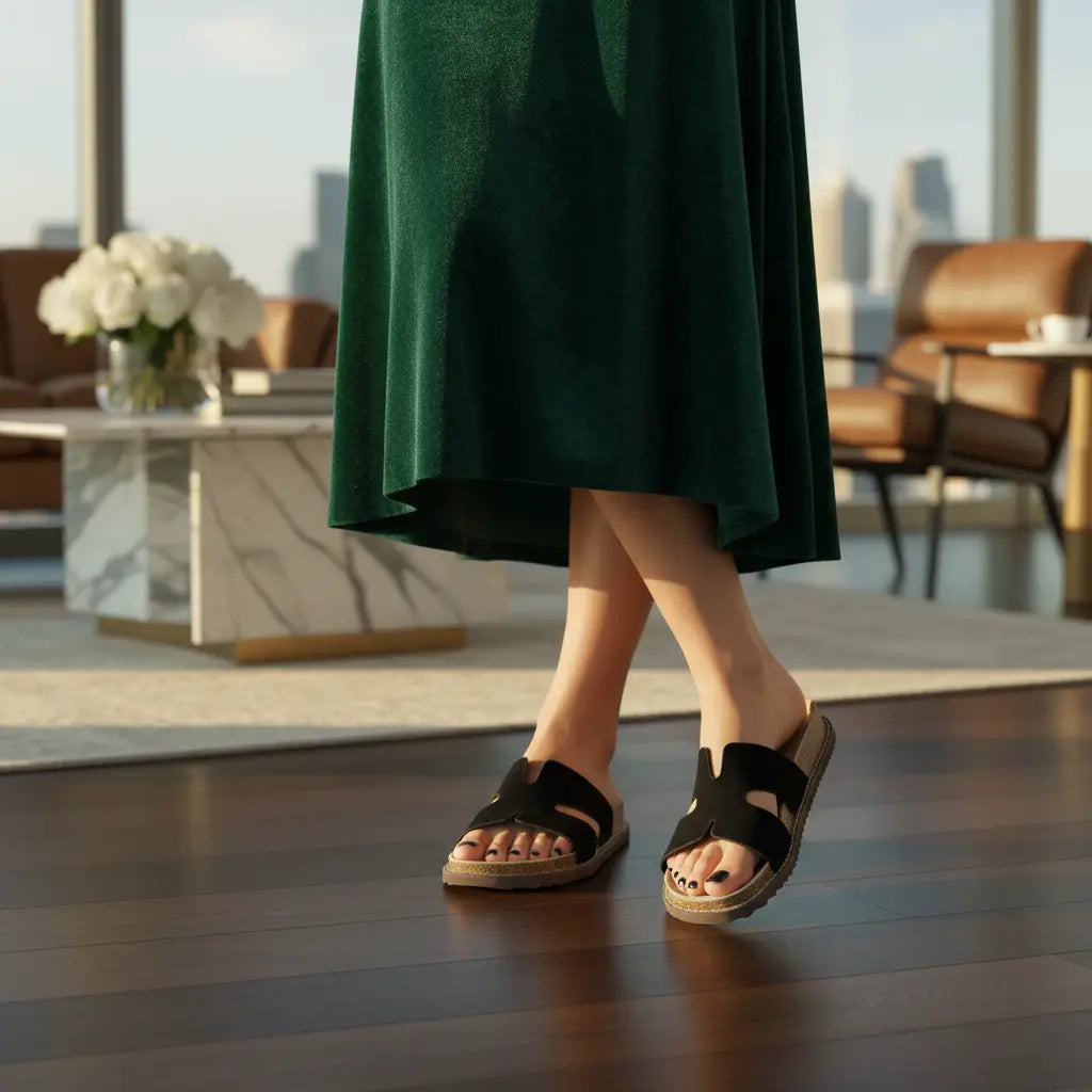 Cushionaire Women'S Wisdom Leather Slide Sandals - Genuine Leather Shoes for Women with Cutout Upper and Contoured Cork Footbed for Memory Foam Padded Comfort