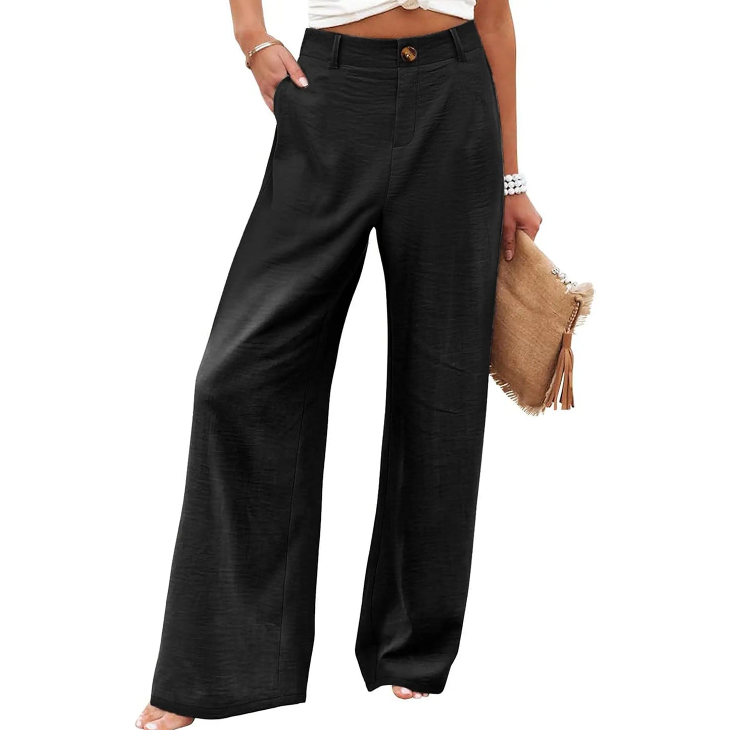 UANEO Women's High-Waisted Cotton Linen Wide Leg Trousers - Casual Button-Up Design for Spring and Summer Wear