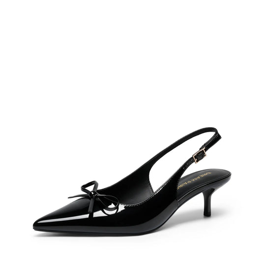 DREAM PAIRS Women's 2.17" Kitten Heel Pointed Toe Slingback Pumps with Bow Tie Detail - Classic Black Dress Shoes for Spring and Summer Events