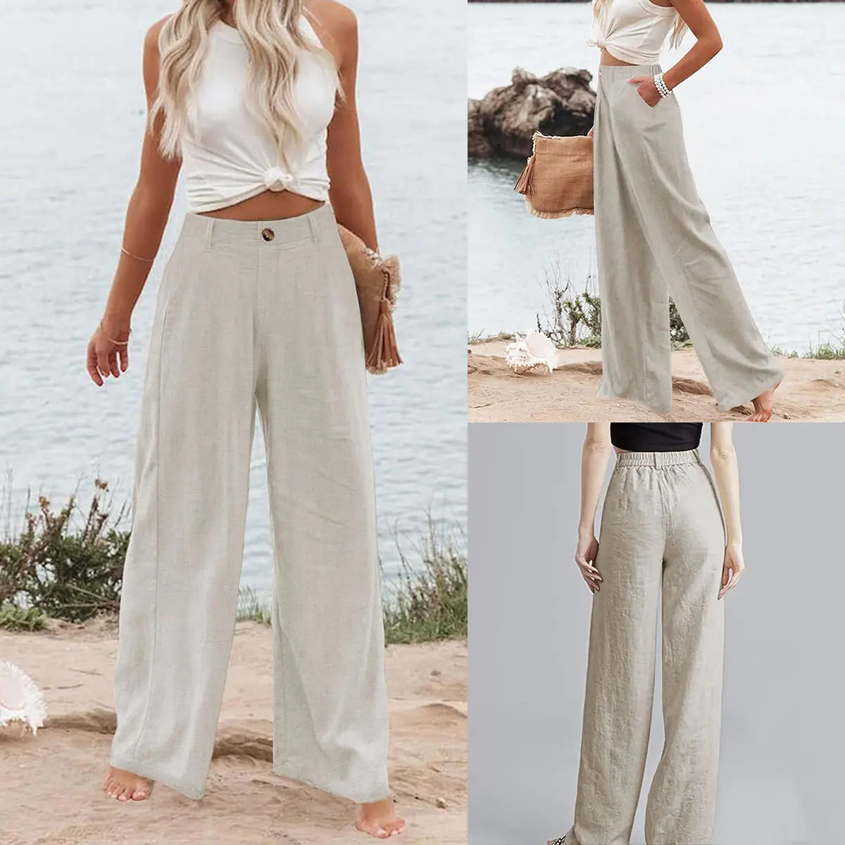 UANEO Women's High-Waisted Cotton Linen Wide Leg Trousers - Casual Button-Up Design for Spring and Summer Wear
