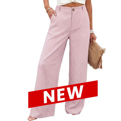 UANEO Women's High-Waisted Cotton Linen Wide Leg Trousers - Casual Button-Up Design for Spring and Summer Wear