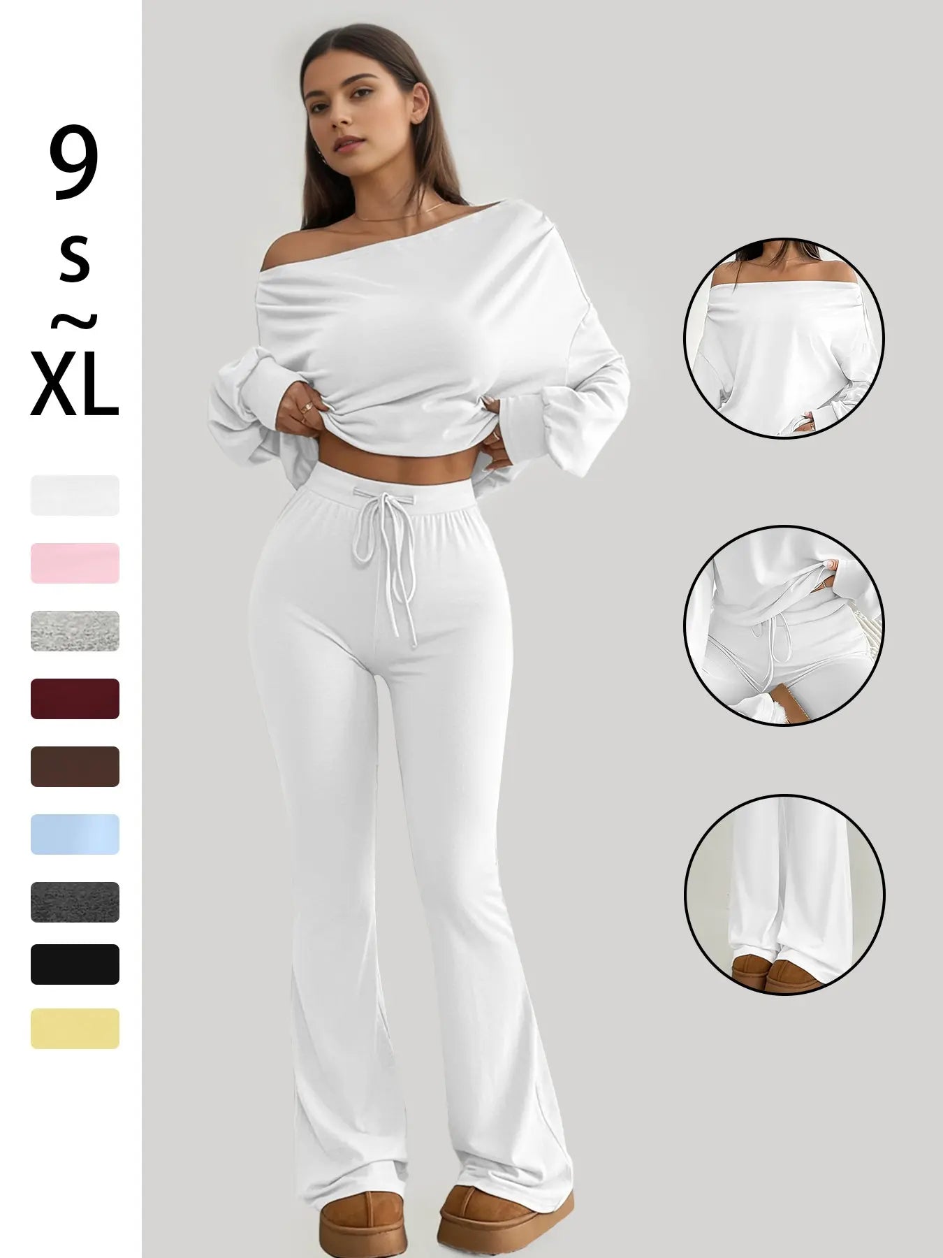 Women's One-Shoulder Long Sleeve Crop Top with High-Waist Drawstring Bell Pants Set – Versatile Stretch Workout and Lounge Ensemble for Spring and Fall