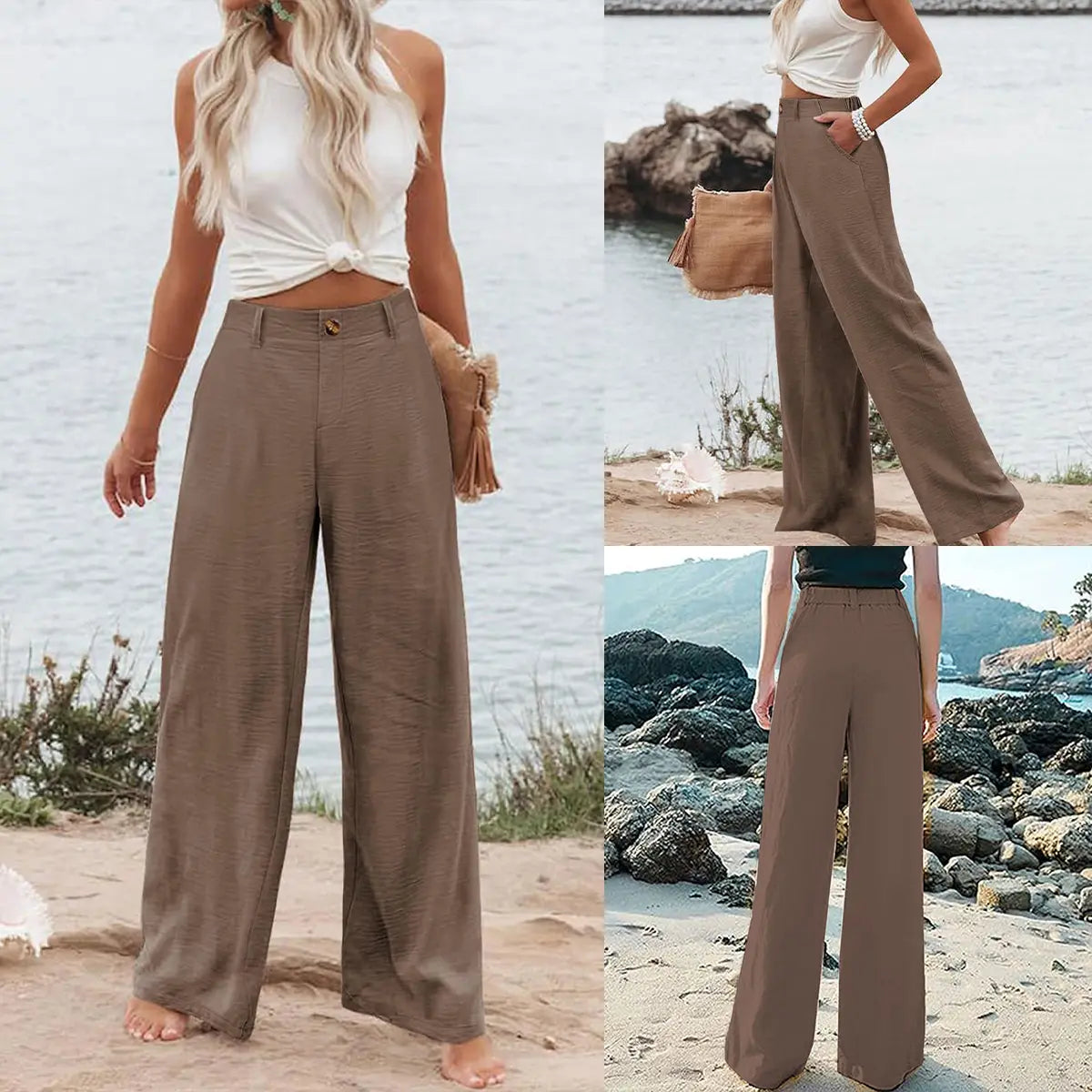 UANEO Women's High-Waisted Cotton Linen Wide Leg Trousers - Casual Button-Up Design for Spring and Summer Wear