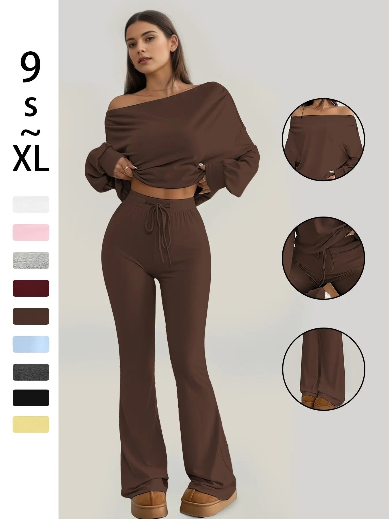 Women's One-Shoulder Long Sleeve Crop Top with High-Waist Drawstring Bell Pants Set – Versatile Stretch Workout and Lounge Ensemble for Spring and Fall