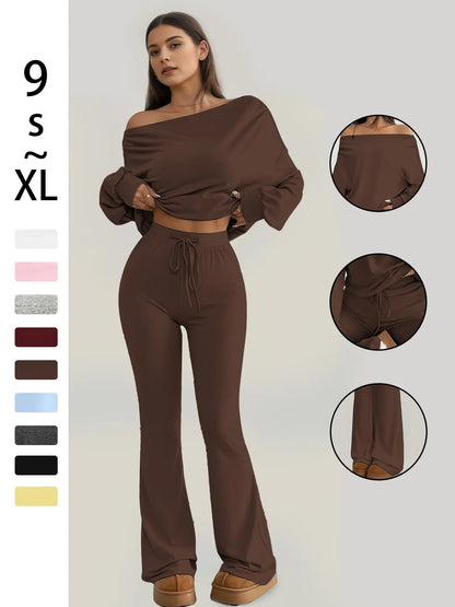 Women's One-Shoulder Long Sleeve Crop Top with High-Waist Drawstring Bell Pants Set – Versatile Stretch Workout and Lounge Ensemble for Spring and Fall