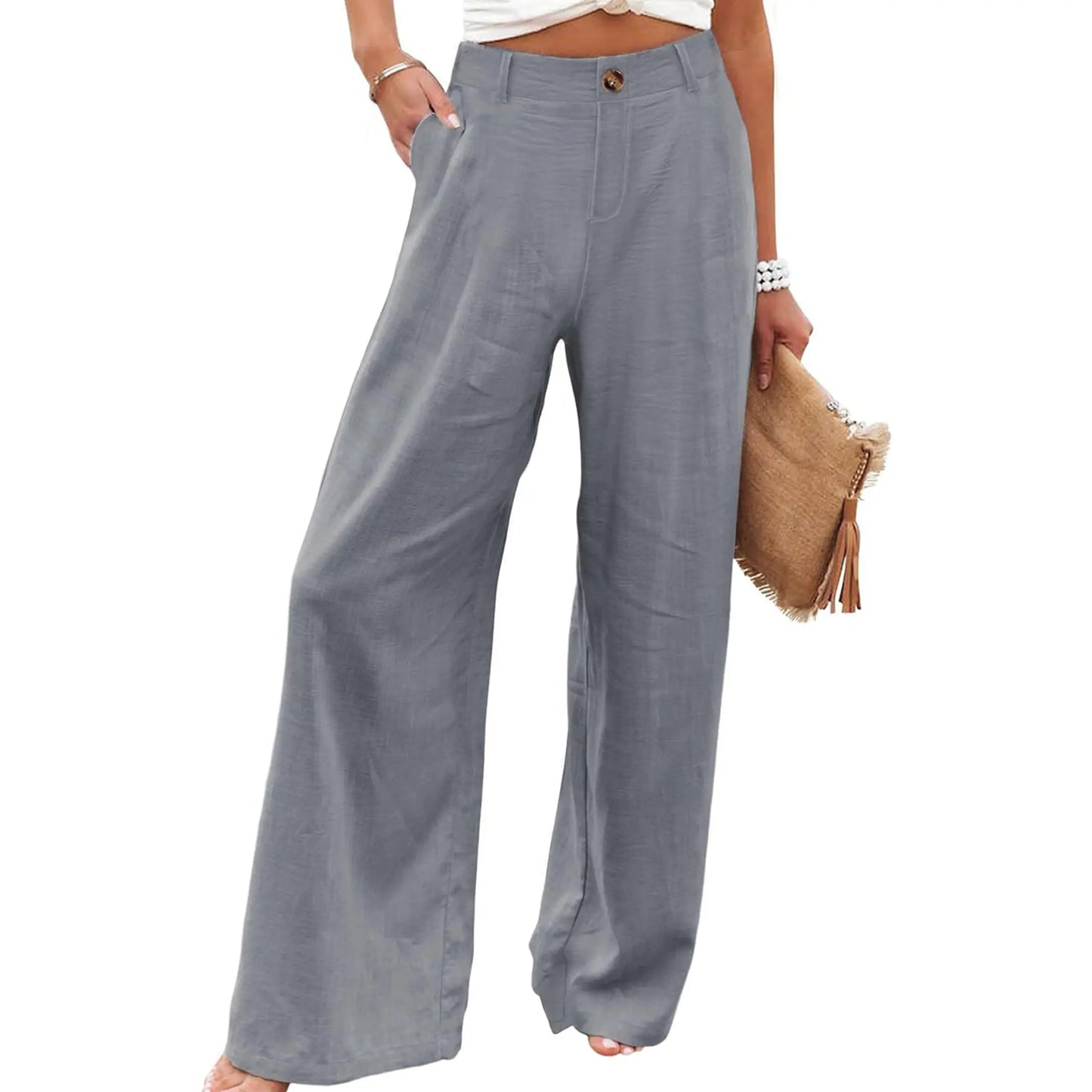 UANEO Women's High-Waisted Cotton Linen Wide Leg Trousers - Casual Button-Up Design for Spring and Summer Wear