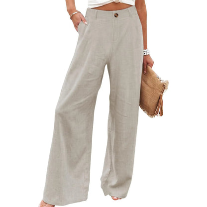 UANEO Women's High-Waisted Cotton Linen Wide Leg Trousers - Casual Button-Up Design for Spring and Summer Wear