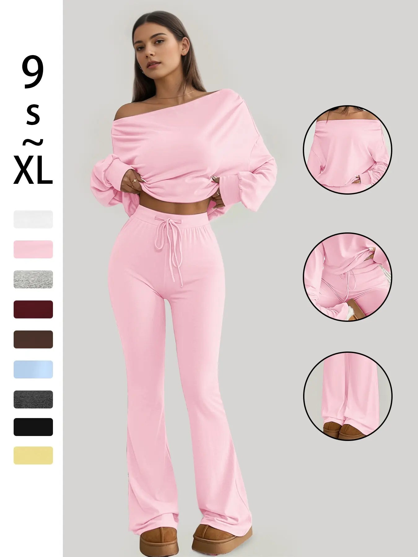 Women's One-Shoulder Long Sleeve Crop Top with High-Waist Drawstring Bell Pants Set – Versatile Stretch Workout and Lounge Ensemble for Spring and Fall