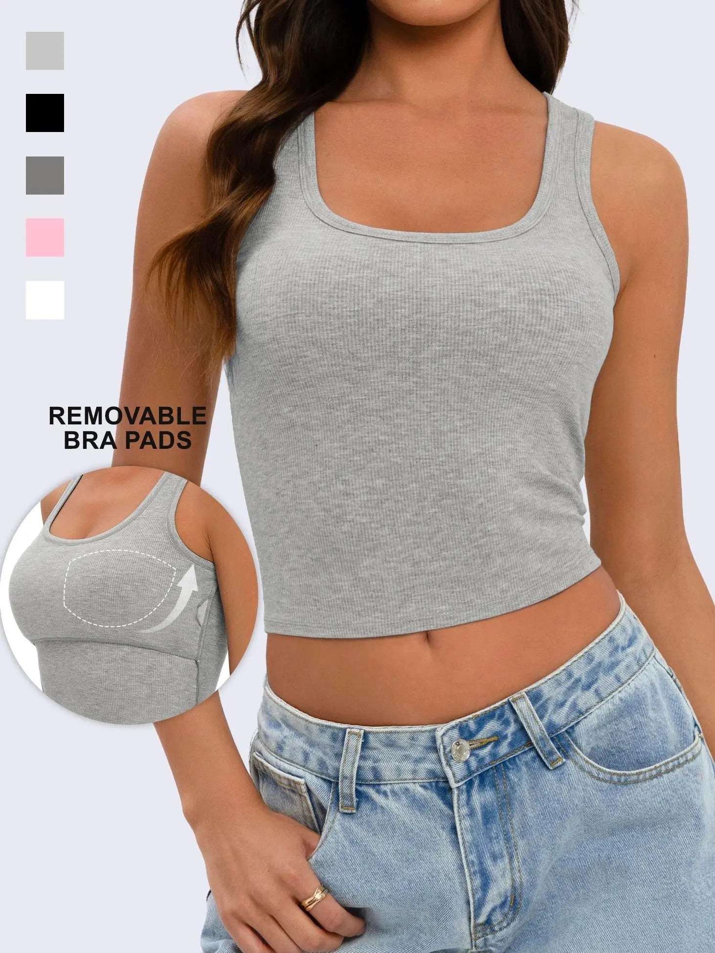 Wietry Women's Premium Stretch Cotton-Spandex Ribbed Cropped Tank Top - Sleeveless Soft Padded Scoop Neck Fitted Cami for Workout and Casual Wear
