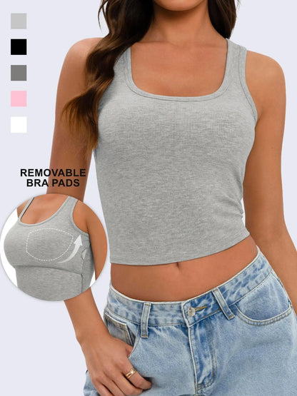Wietry Women's Premium Stretch Cotton-Spandex Ribbed Cropped Tank Top - Sleeveless Soft Padded Scoop Neck Fitted Cami for Workout and Casual Wear