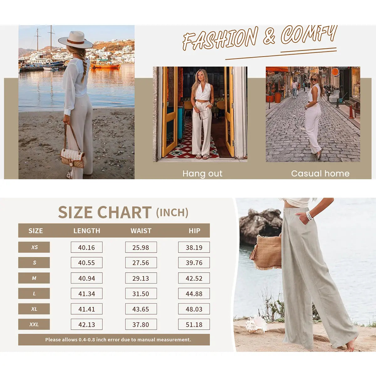 UANEO Women's High-Waisted Cotton Linen Wide Leg Trousers - Casual Button-Up Design for Spring and Summer Wear
