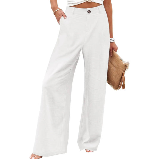 UANEO Women's High-Waisted Cotton Linen Wide Leg Trousers - Casual Button-Up Design for Spring and Summer Wear