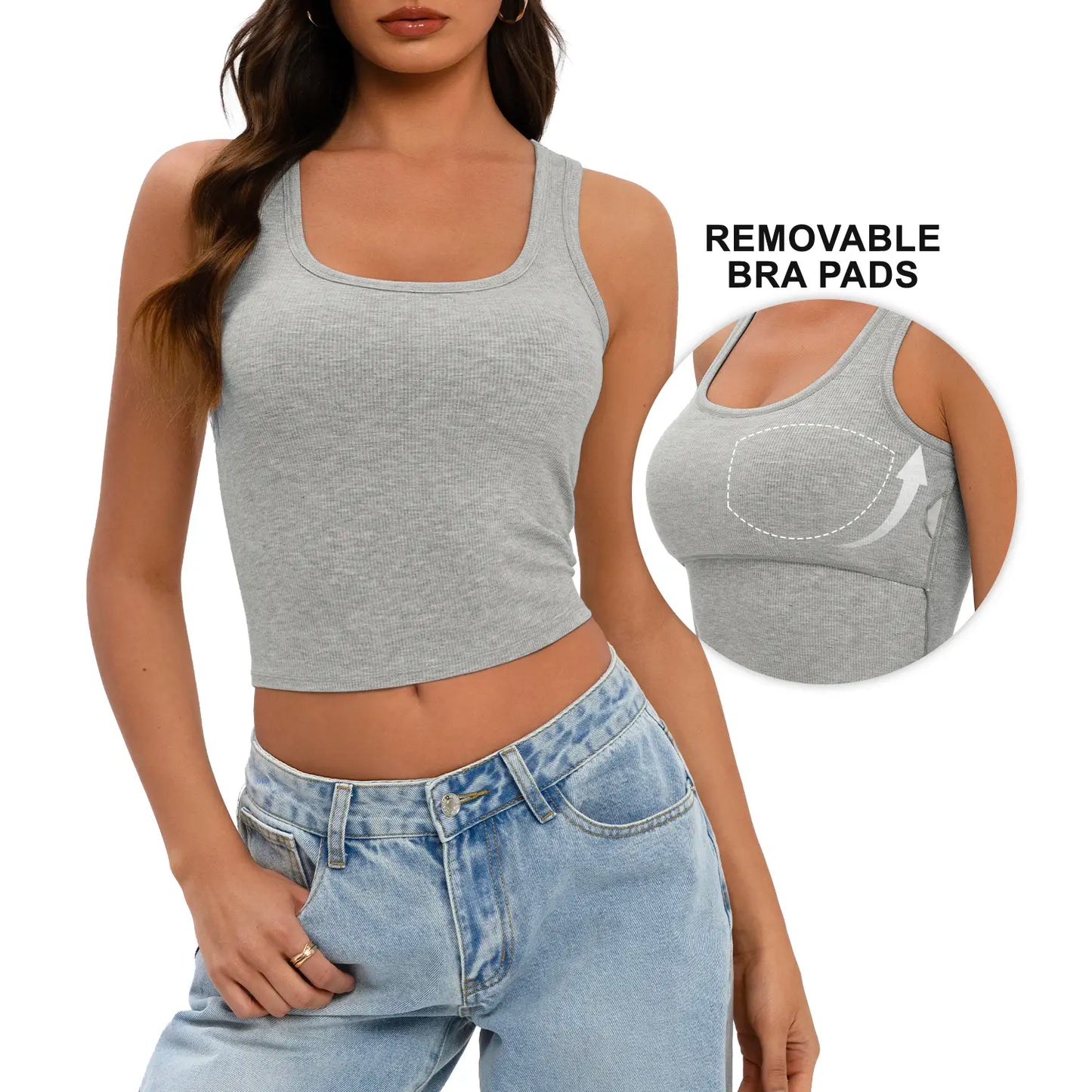 Wietry Women's Premium Stretch Cotton-Spandex Ribbed Cropped Tank Top - Sleeveless Soft Padded Scoop Neck Fitted Cami for Workout and Casual Wear