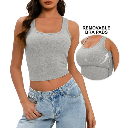 Wietry Women's Premium Stretch Cotton-Spandex Ribbed Cropped Tank Top - Sleeveless Soft Padded Scoop Neck Fitted Cami for Workout and Casual Wear