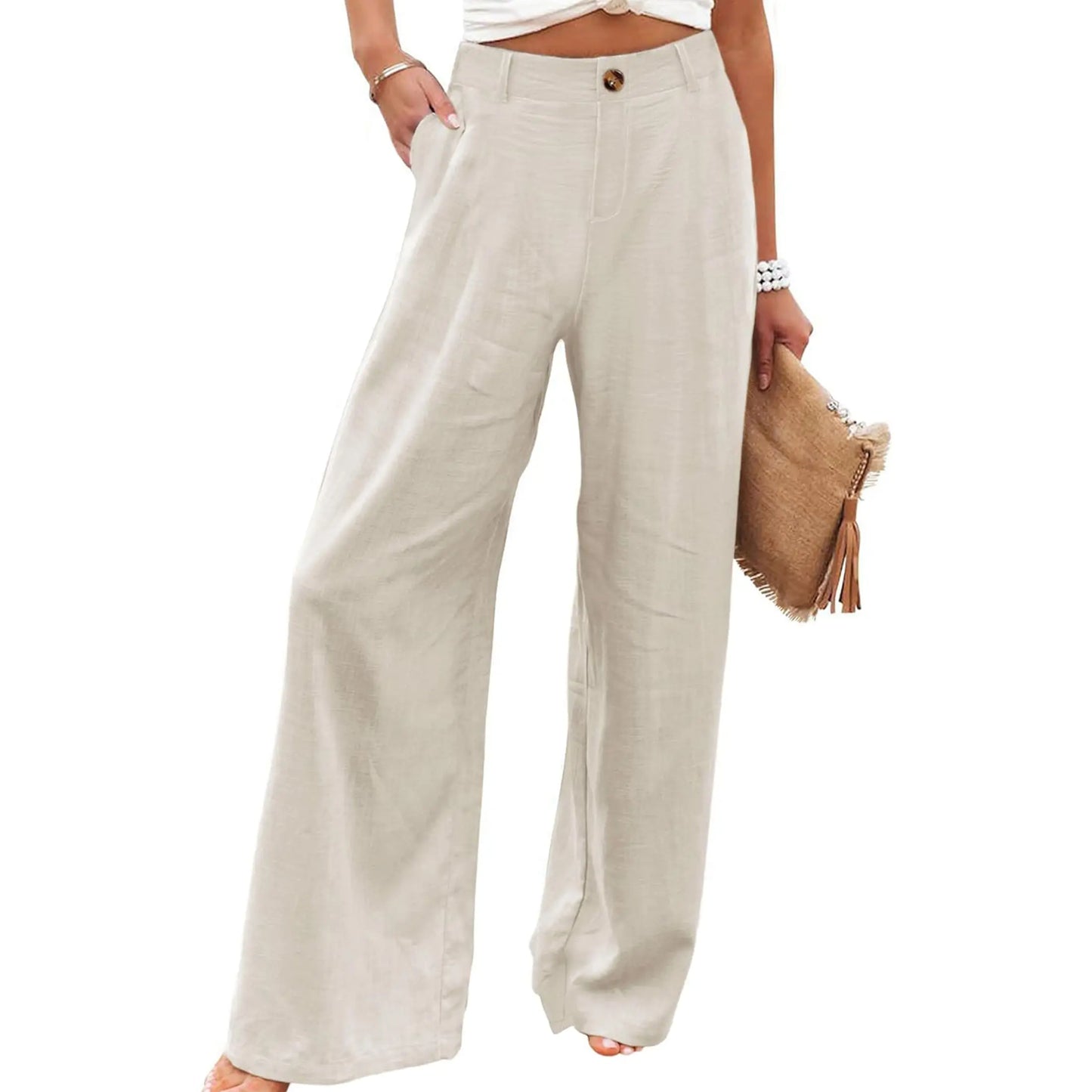UANEO Women's High-Waisted Cotton Linen Wide Leg Trousers - Casual Button-Up Design for Spring and Summer Wear