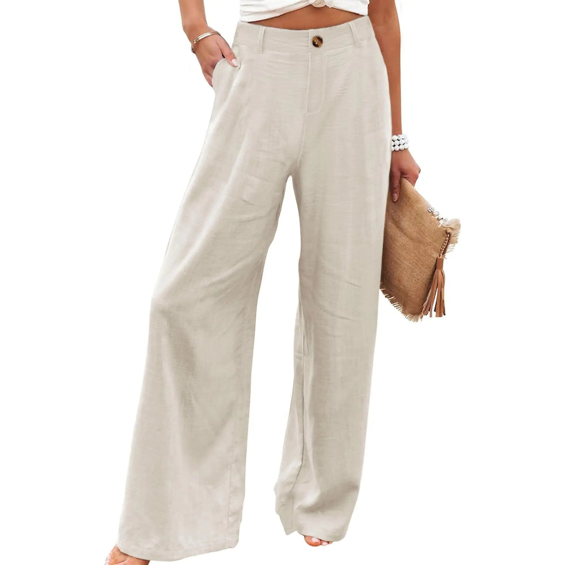 UANEO Women's High-Waisted Cotton Linen Wide Leg Trousers - Casual Button-Up Design for Spring and Summer Wear