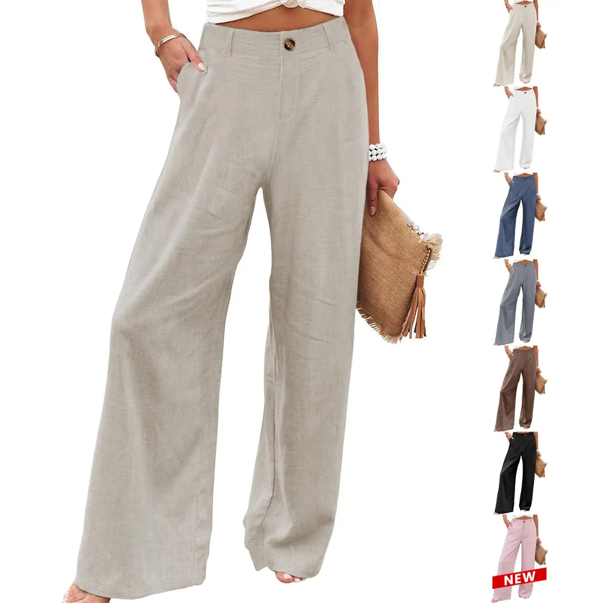 UANEO Women's High-Waisted Cotton Linen Wide Leg Trousers - Casual Button-Up Design for Spring and Summer Wear