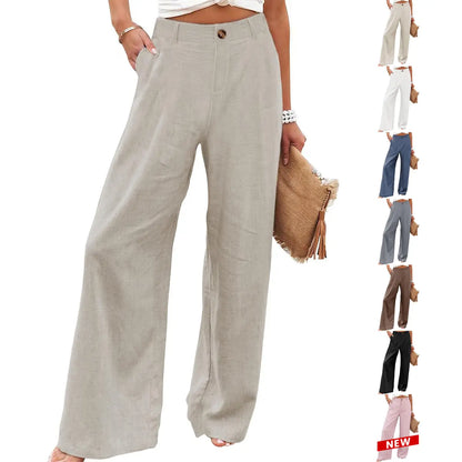 UANEO Women's High-Waisted Cotton Linen Wide Leg Trousers - Casual Button-Up Design for Spring and Summer Wear