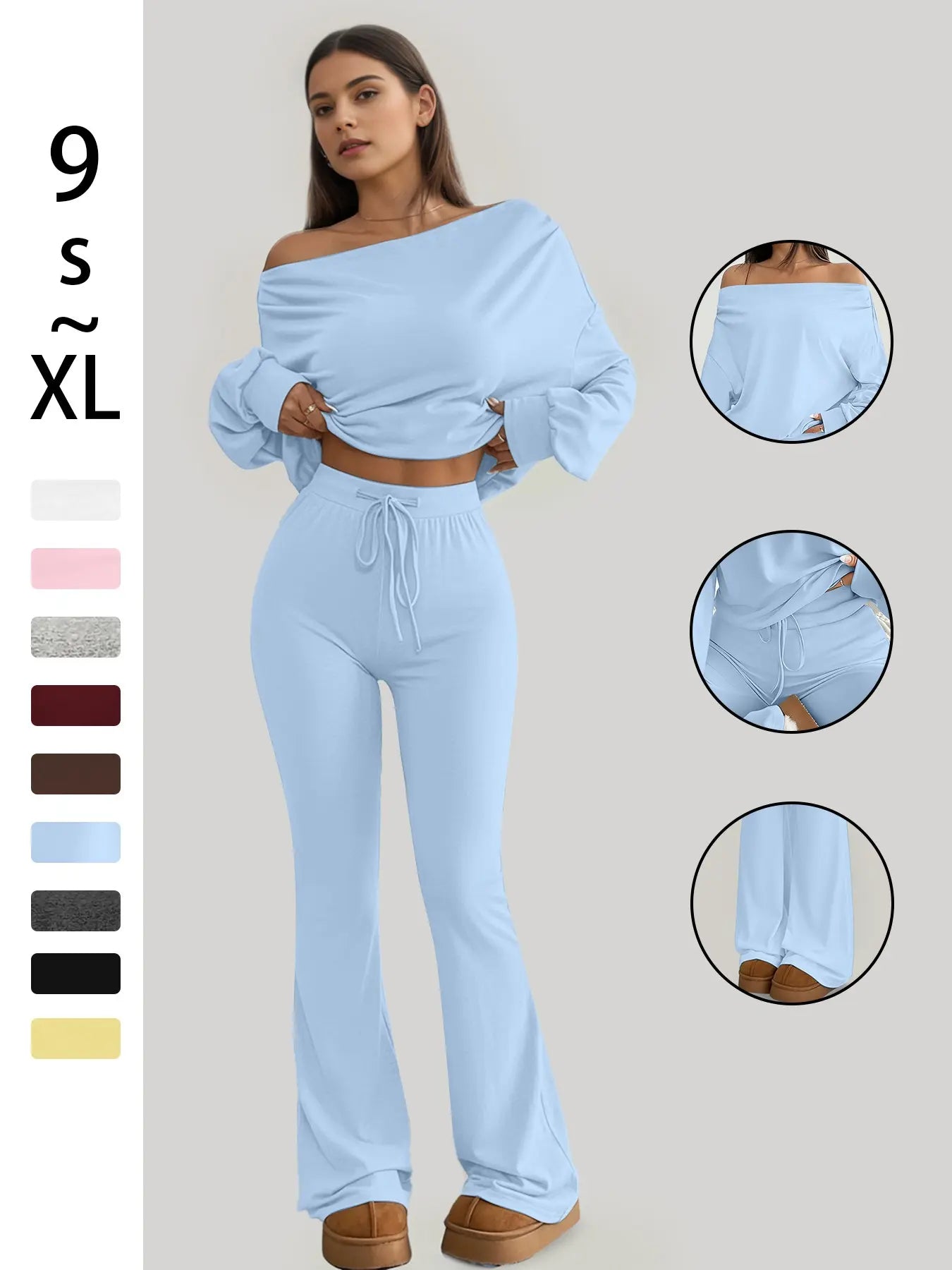 Women's One-Shoulder Long Sleeve Crop Top with High-Waist Drawstring Bell Pants Set – Versatile Stretch Workout and Lounge Ensemble for Spring and Fall