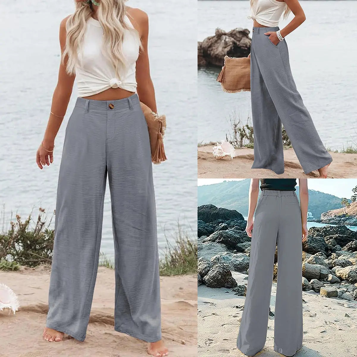 UANEO Women's High-Waisted Cotton Linen Wide Leg Trousers - Casual Button-Up Design for Spring and Summer Wear