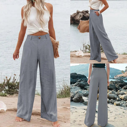 UANEO Women's High-Waisted Cotton Linen Wide Leg Trousers - Casual Button-Up Design for Spring and Summer Wear