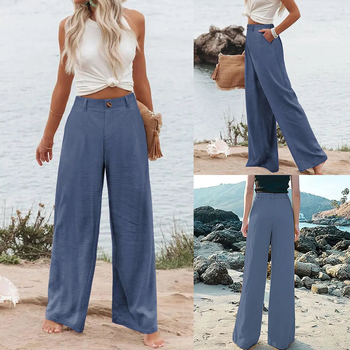 UANEO Women's High-Waisted Cotton Linen Wide Leg Trousers - Casual Button-Up Design for Spring and Summer Wear