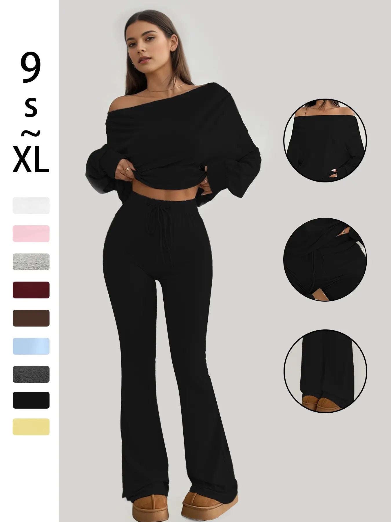 Women's One-Shoulder Long Sleeve Crop Top with High-Waist Drawstring Bell Pants Set – Versatile Stretch Workout and Lounge Ensemble for Spring and Fall