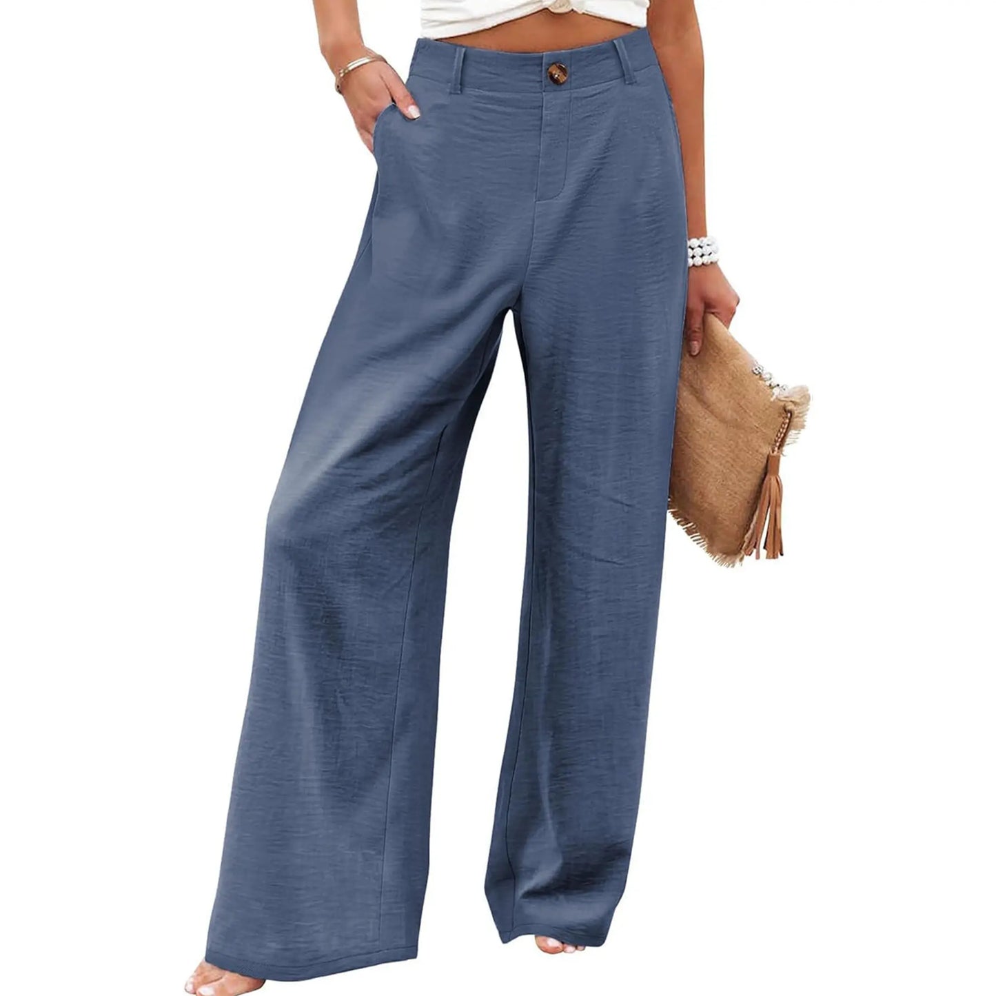 UANEO Women's High-Waisted Cotton Linen Wide Leg Trousers - Casual Button-Up Design for Spring and Summer Wear