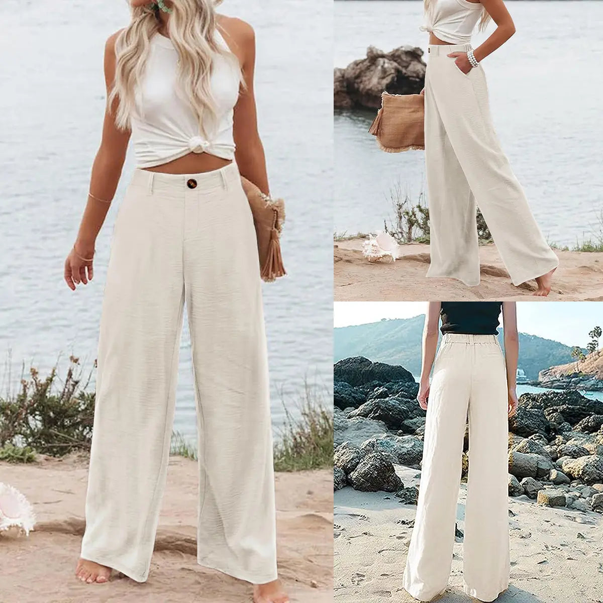 UANEO Women's High-Waisted Cotton Linen Wide Leg Trousers - Casual Button-Up Design for Spring and Summer Wear