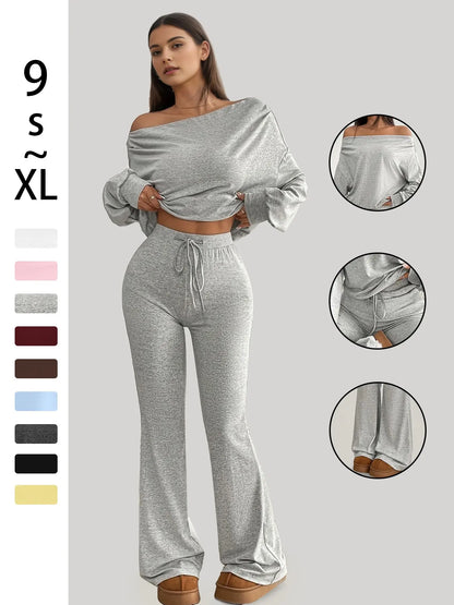 Women's One-Shoulder Long Sleeve Crop Top with High-Waist Drawstring Bell Pants Set – Versatile Stretch Workout and Lounge Ensemble for Spring and Fall
