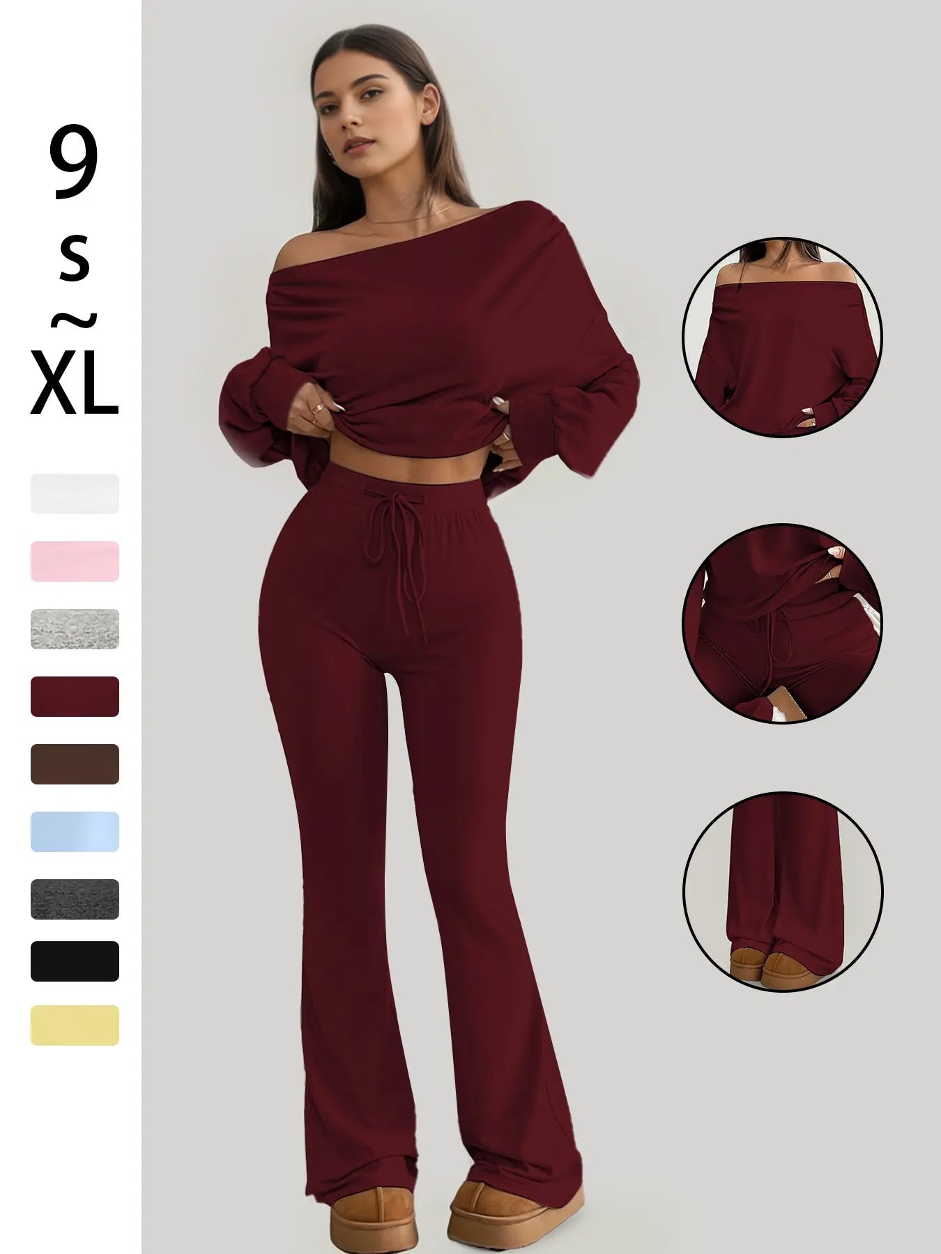 Women's One-Shoulder Long Sleeve Crop Top with High-Waist Drawstring Bell Pants Set – Versatile Stretch Workout and Lounge Ensemble for Spring and Fall