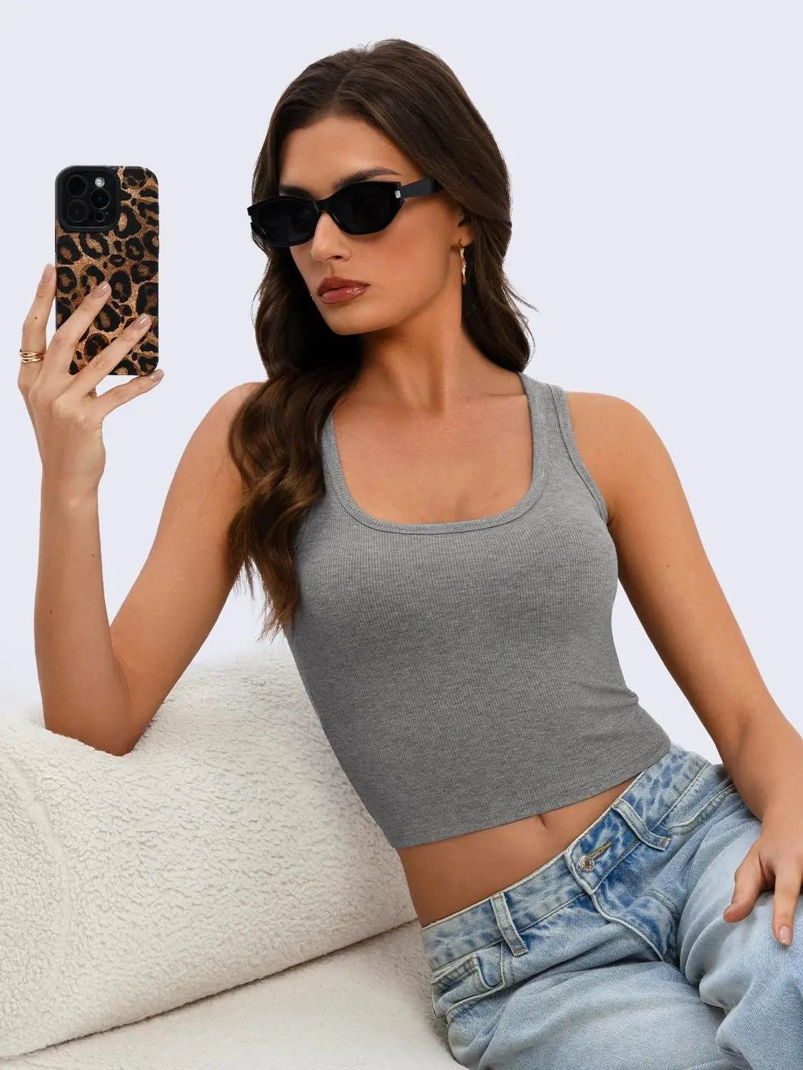 Wietry Women's Premium Stretch Cotton-Spandex Ribbed Cropped Tank Top - Sleeveless Soft Padded Scoop Neck Fitted Cami for Workout and Casual Wear
