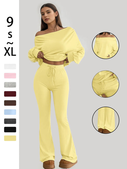 Women's One-Shoulder Long Sleeve Crop Top with High-Waist Drawstring Bell Pants Set – Versatile Stretch Workout and Lounge Ensemble for Spring and Fall