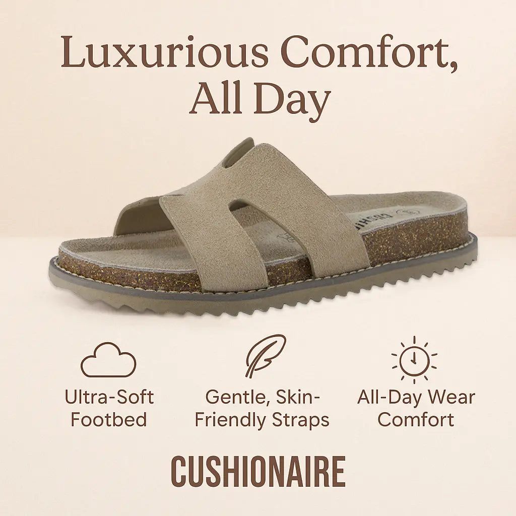 Cushionaire Women'S Wisdom Leather Slide Sandals - Genuine Leather Shoes for Women with Cutout Upper and Contoured Cork Footbed for Memory Foam Padded Comfort