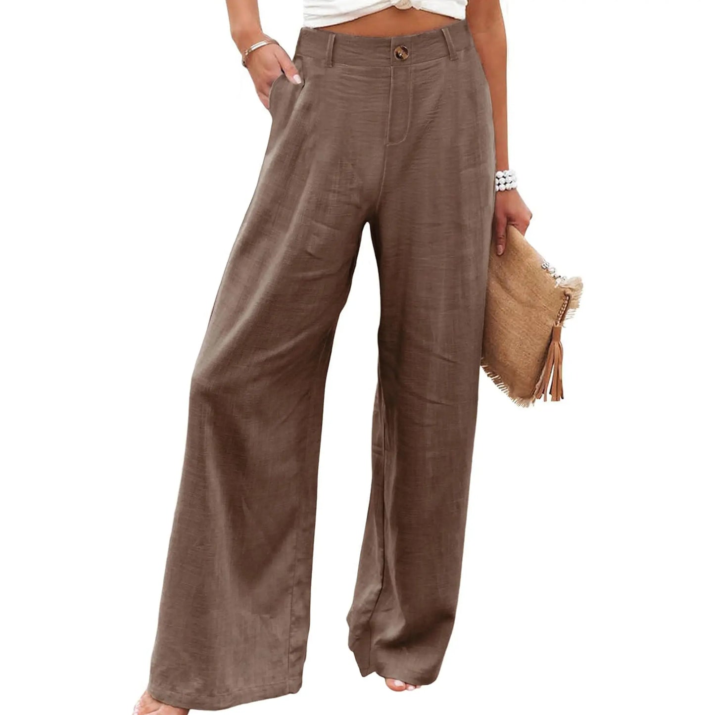 UANEO Women's High-Waisted Cotton Linen Wide Leg Trousers - Casual Button-Up Design for Spring and Summer Wear