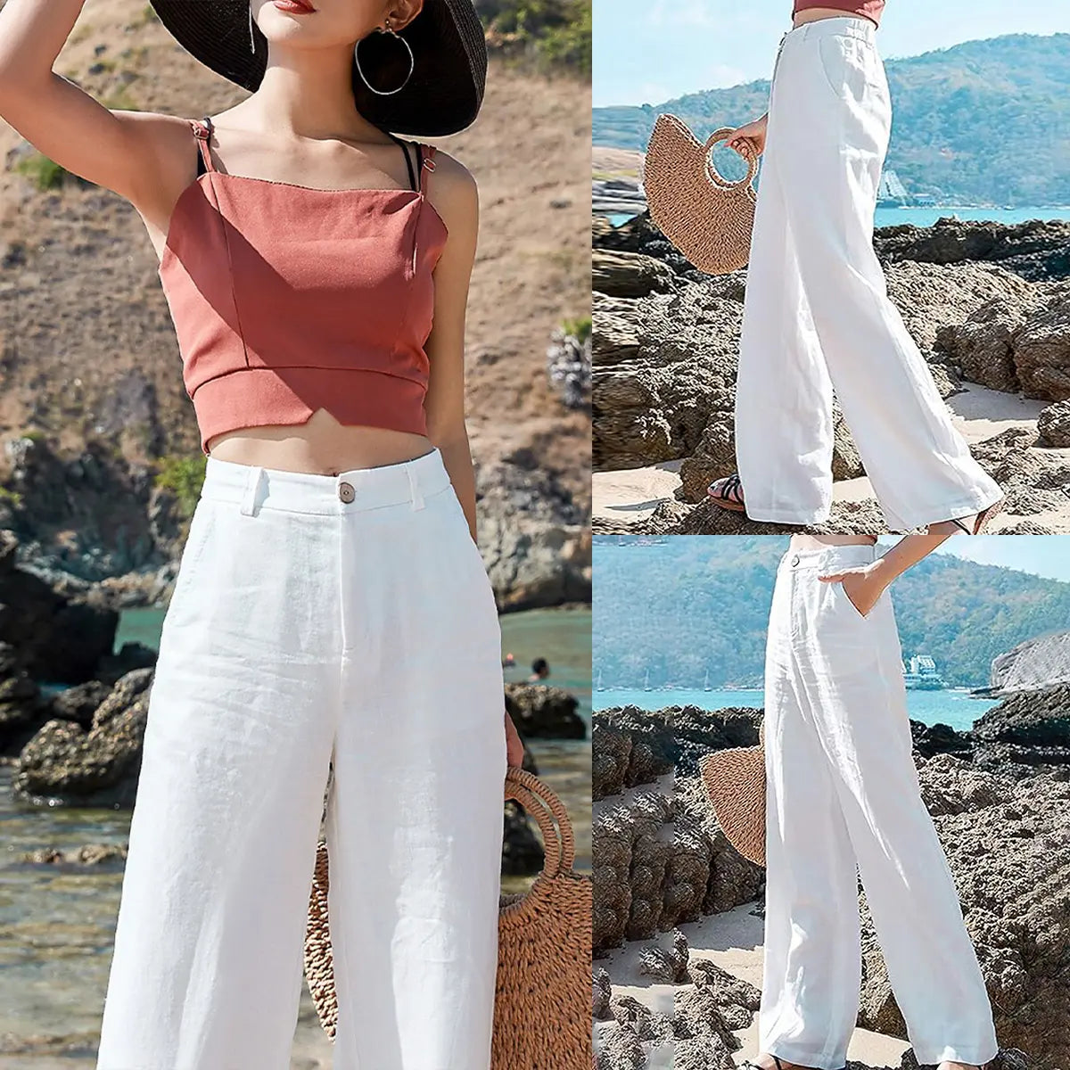 UANEO Women's High-Waisted Cotton Linen Wide Leg Trousers - Casual Button-Up Design for Spring and Summer Wear